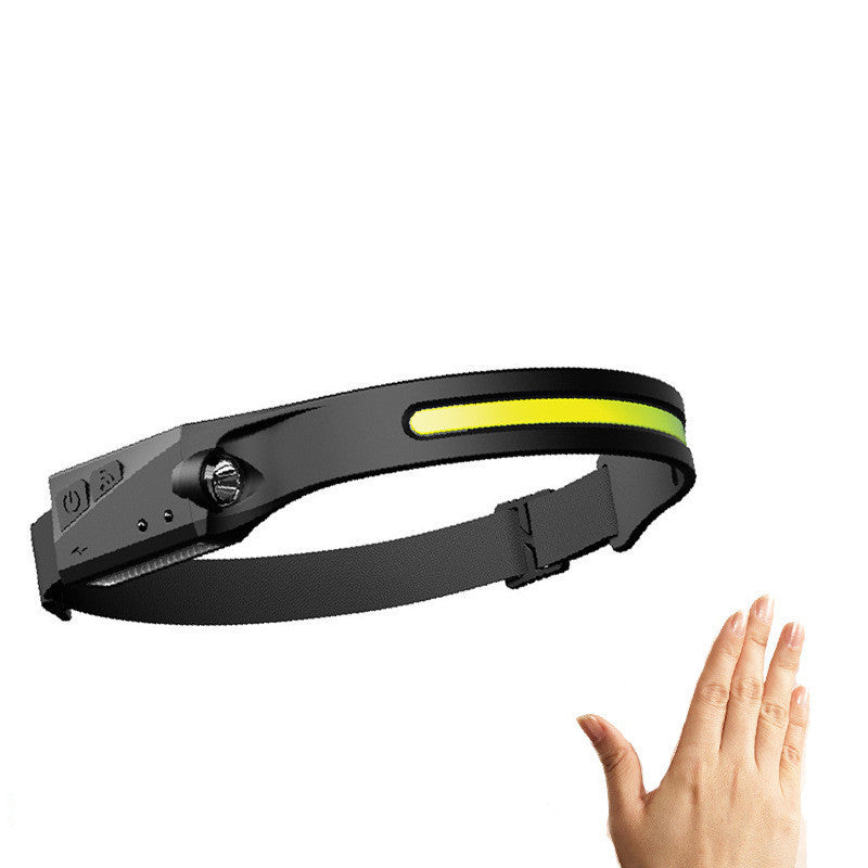 Shopi Vella induction riding headlamp with adjustable black strap and yellow light strip for hands-free use