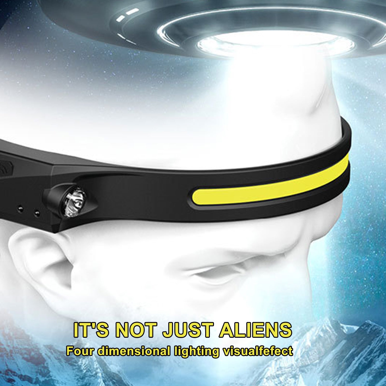 Shopi Vella induction riding headlamp with yellow strip and bright light on white head model