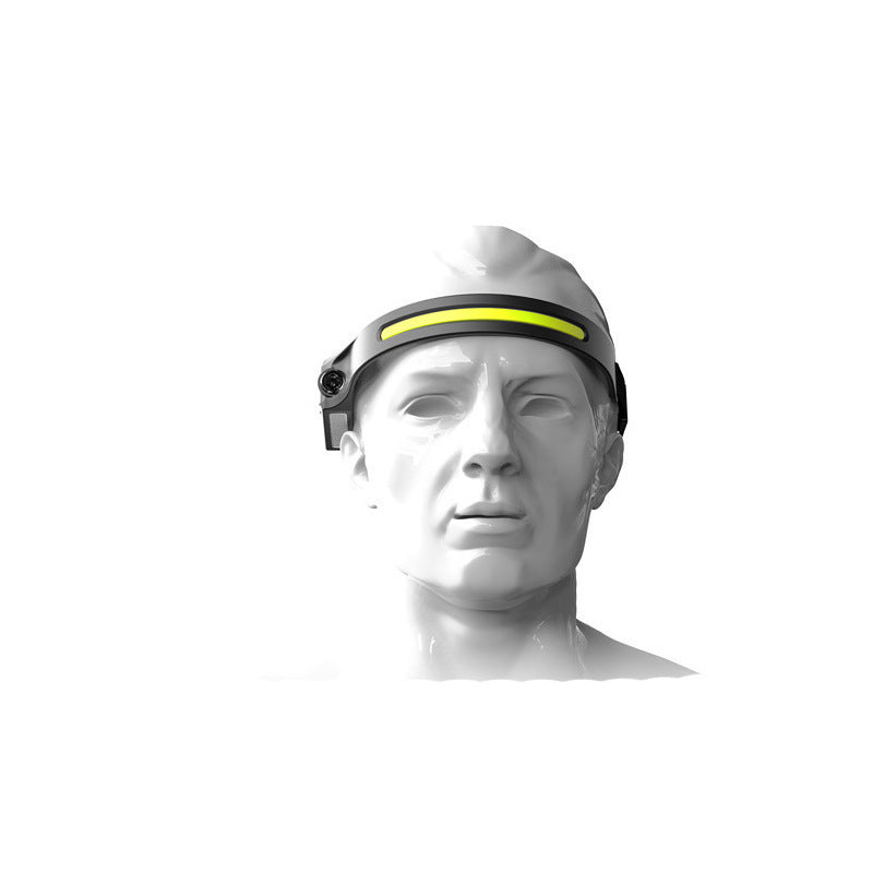Shopi Vella induction riding headlamp with yellow light strip mounted on a white mannequin head