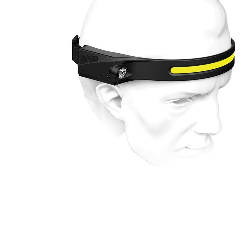 Shopi Vella black induction riding headlamp with adjustable strap and yellow reflective strip on mannequin head