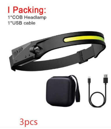 Shopi Vella induction riding headlamp with adjustable strap, USB cable, and storage case for home storage
