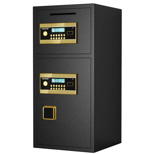Shopi Vella large coin operated digital safe in black with gold digital keypad and dual compartments