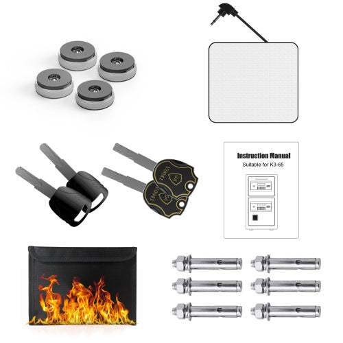 Accessories kit including keys, bolts, manual, and fire-resistant pouch for large coin operated digital safe