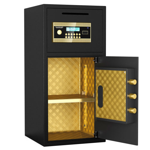 Shopi Vella large coin operated digital safe with black exterior and gold interior open door