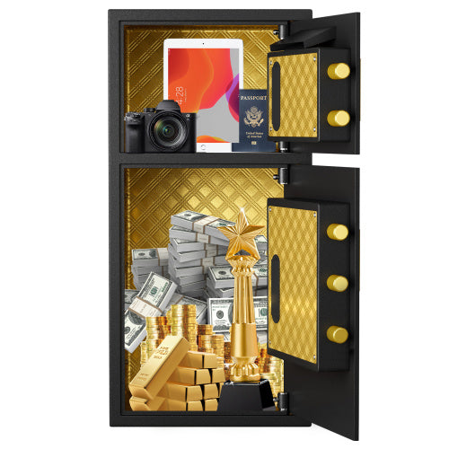 Large coin operated digital safe with two compartments storing cash gold bars trophy camera tablet and passport