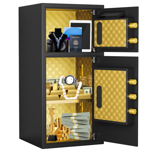 Shopi Vella large coin operated digital safe with gold interior storing jewelry cash and valuables