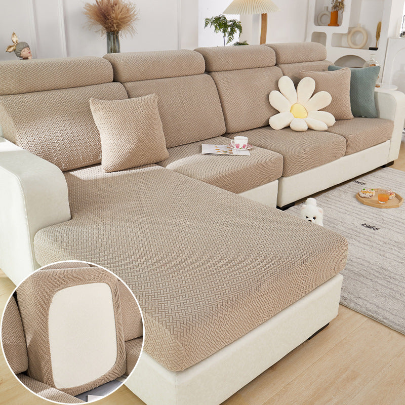 Shopi Vella machine washable sofa cushion cover in beige knit texture on sectional sofa for home storage