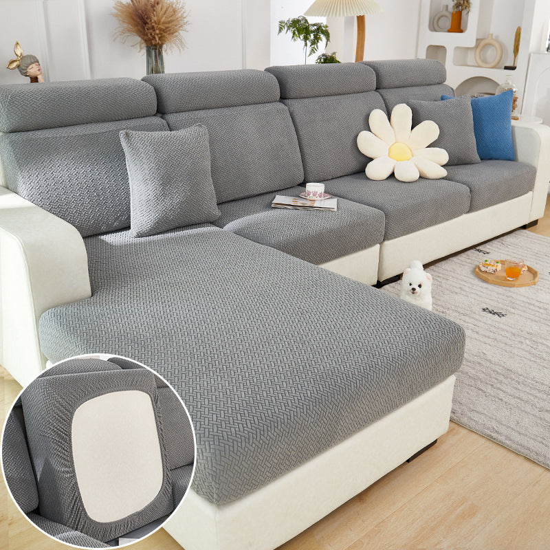 Shopi Vella gray machine washable sofa cushion cover on sectional couch with decorative pillows in living room