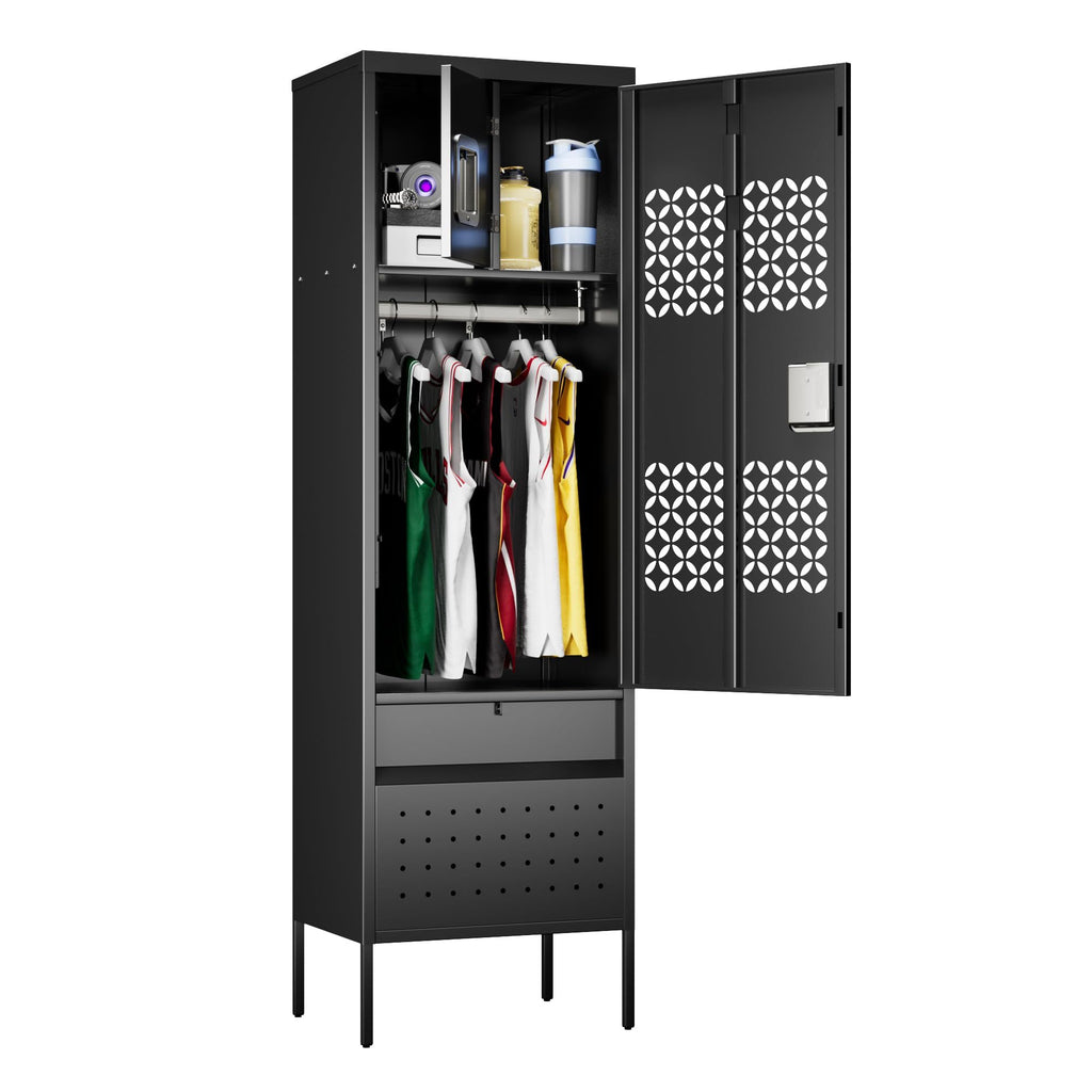Shopi Vella black metal locker with hanging rod and perforated door storing clothes and accessories