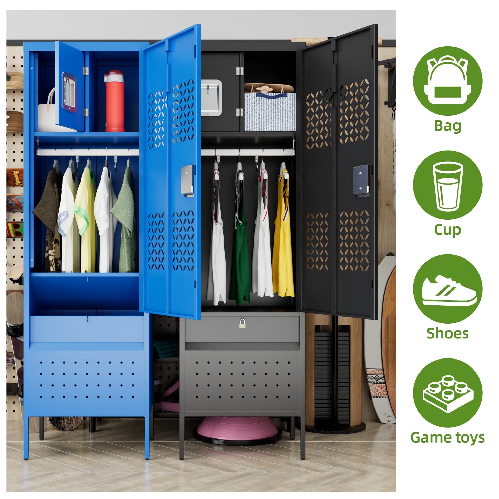 Shopi Vella metal locker with hanging rod in blue and black for organized clothing and storage