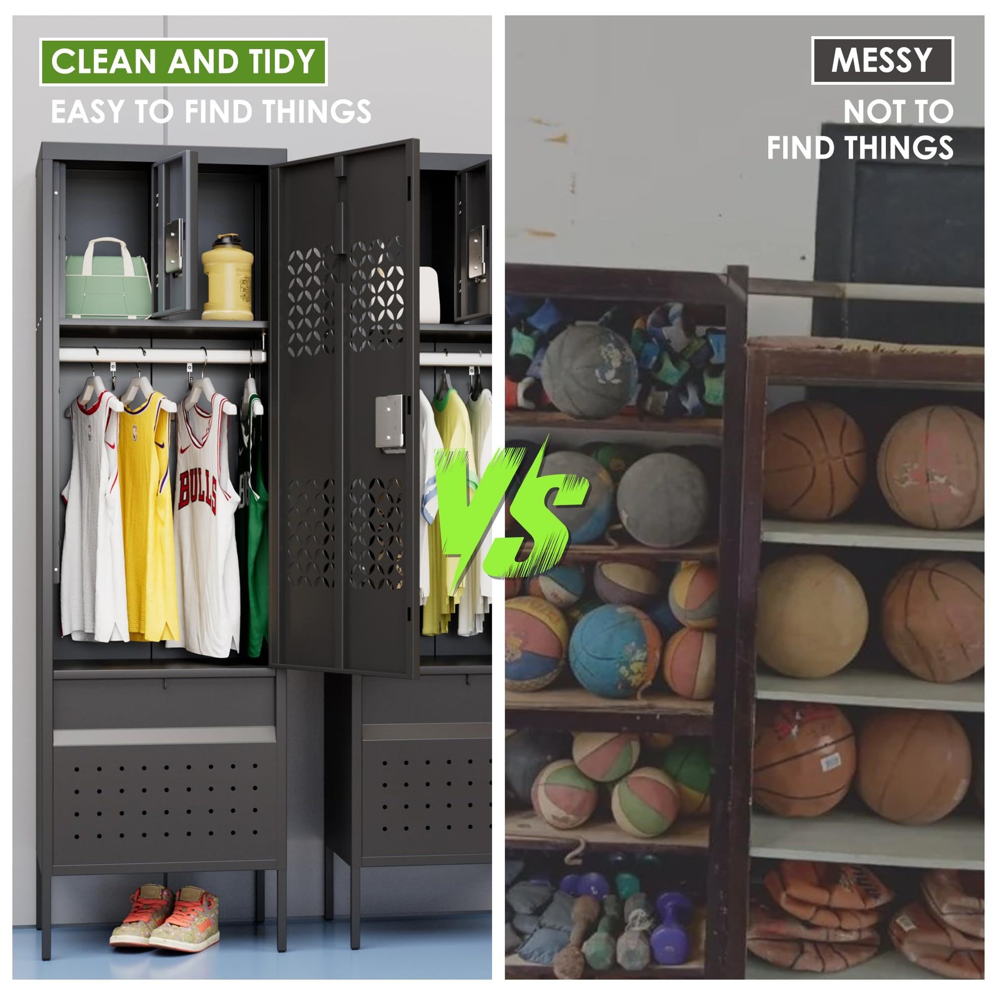 Shopi Vella metal locker with hanging rod showing organized sports jerseys and gear versus messy ball storage