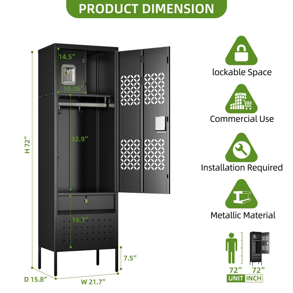 Shopi Vella metal locker with hanging rod in black featuring lockable space and metallic material