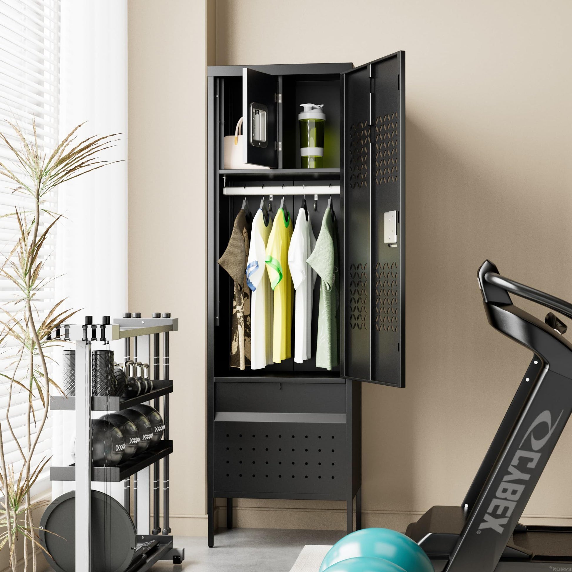 Shopi Vella metal locker with hanging rod in black holding clothes and gym accessories in a home gym