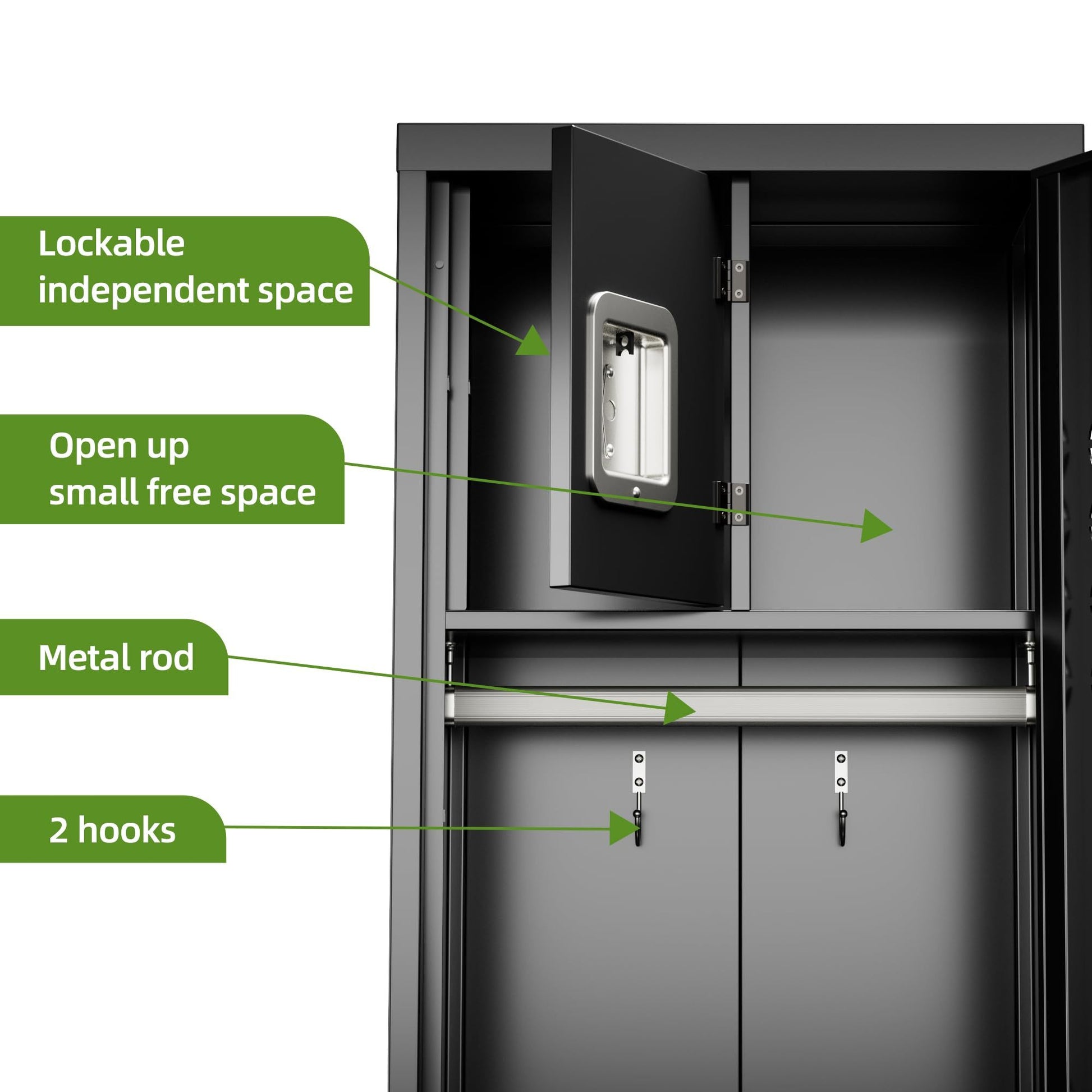 Shopi Vella metal locker with hanging rod featuring lockable space, hooks, and storage compartments