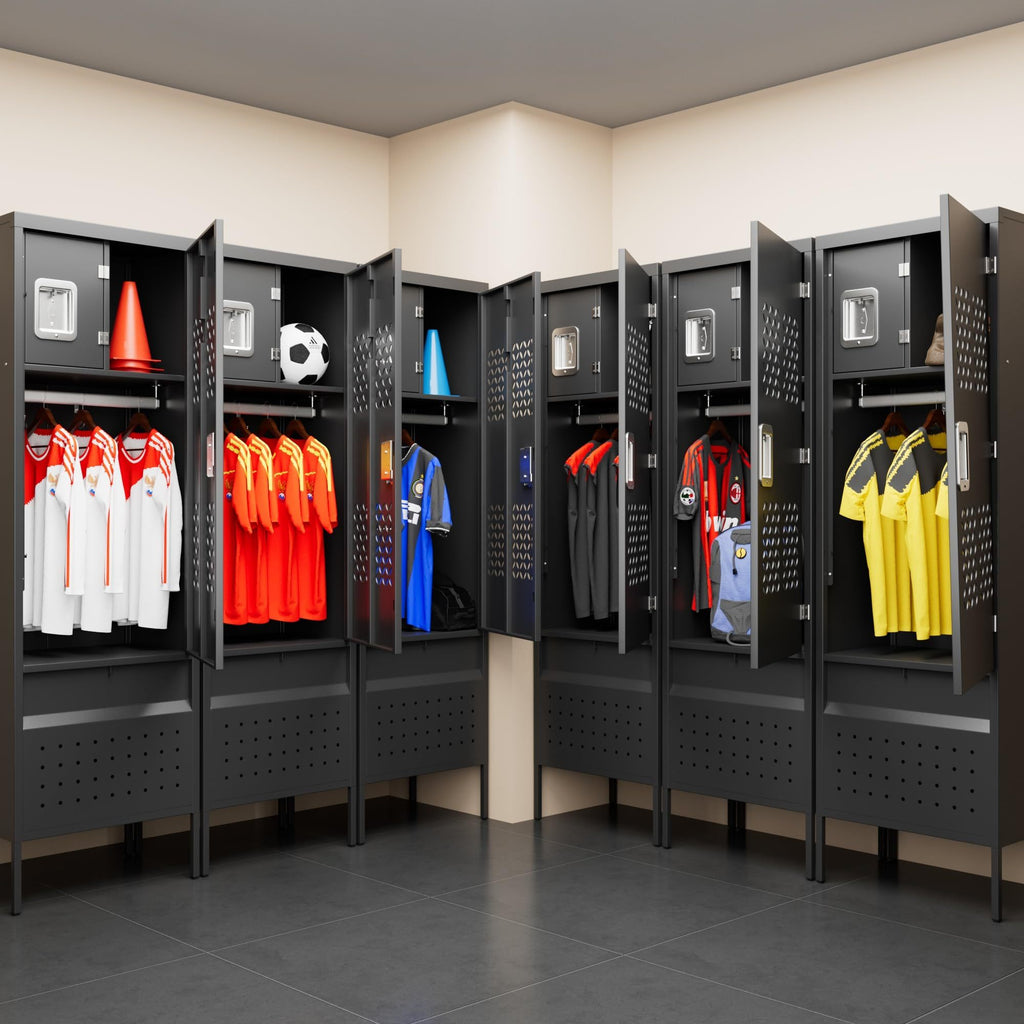 Shopi Vella metal locker with hanging rod holding sports jerseys and equipment in a locker room
