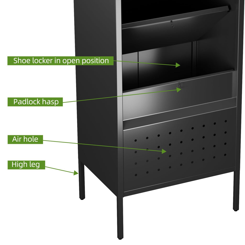 Shopi Vella metal locker with hanging rod featuring padlock hasp, air holes, and high legs in open position