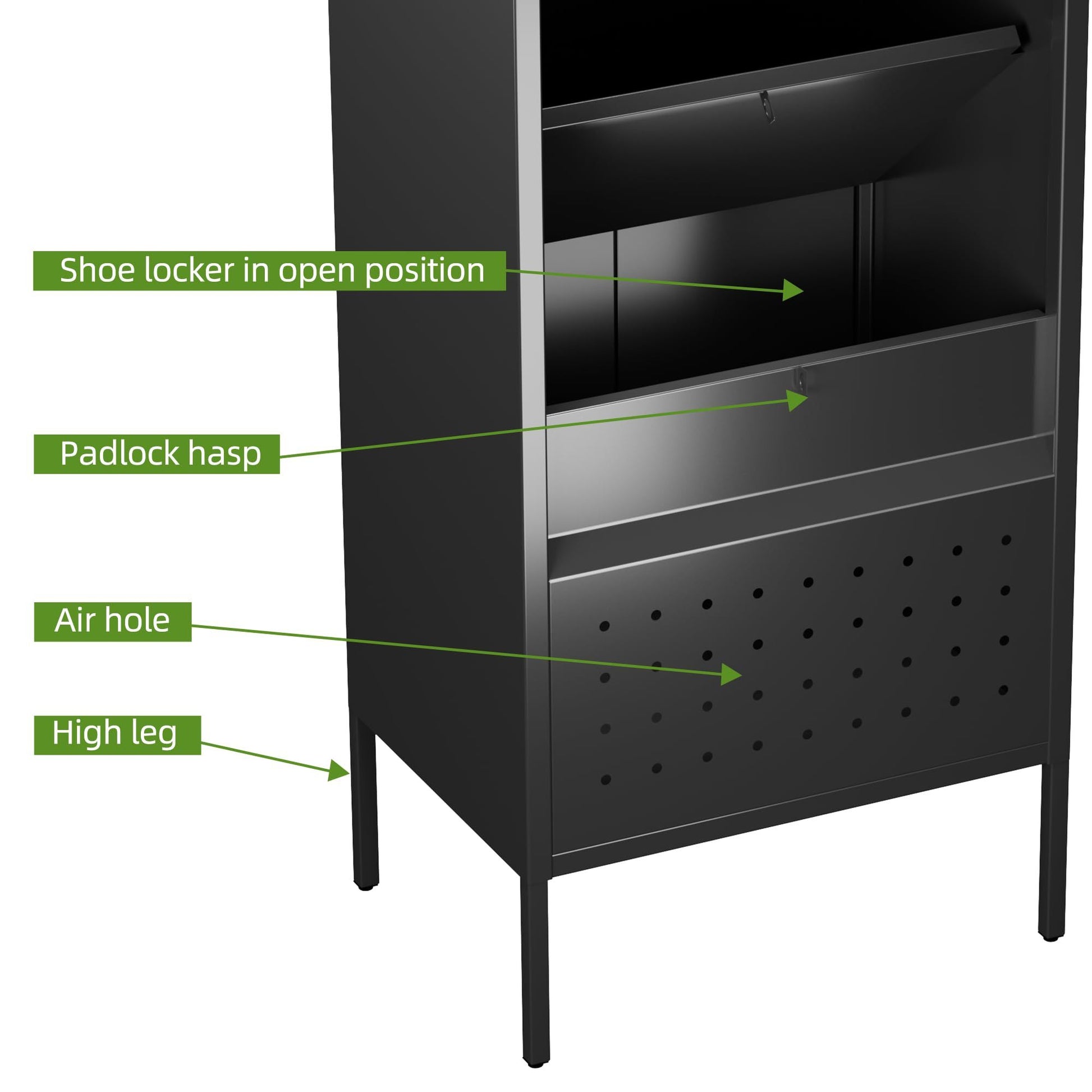 Shopi Vella metal locker with hanging rod featuring padlock hasp, air holes, and high legs in open position