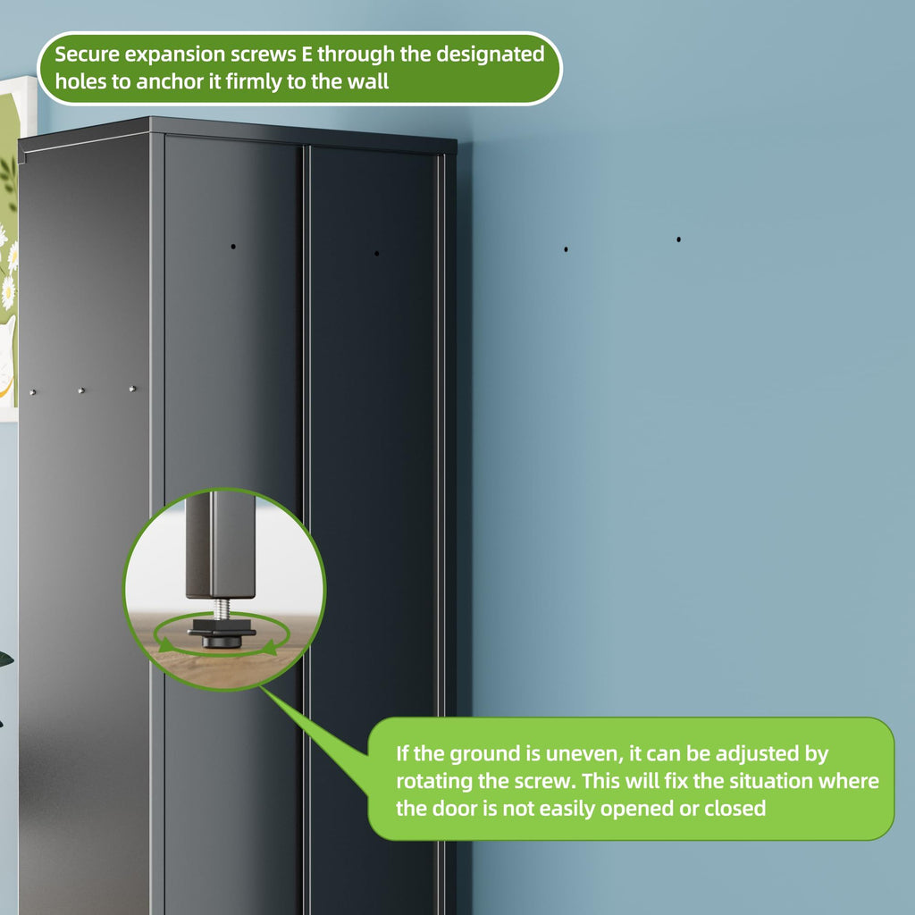 Shopi Vella metal locker with hanging rod in black showing wall anchoring and adjustable screw features