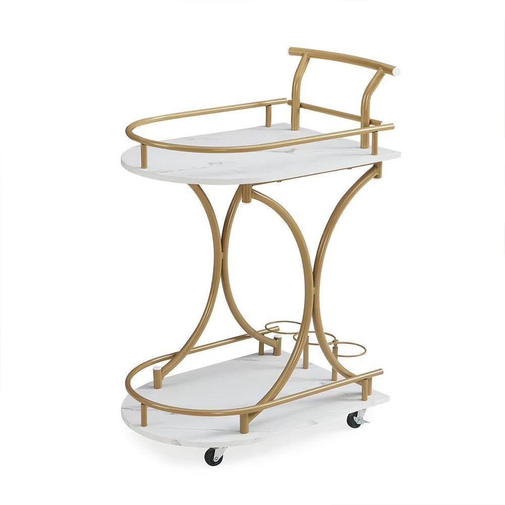 Elegant storey bar car with gold metal frame and white marble shelves modern bar trolley for home