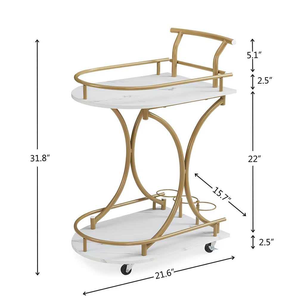 Modern bar trolley for home with white marble shelves and gold metal frame on wheels