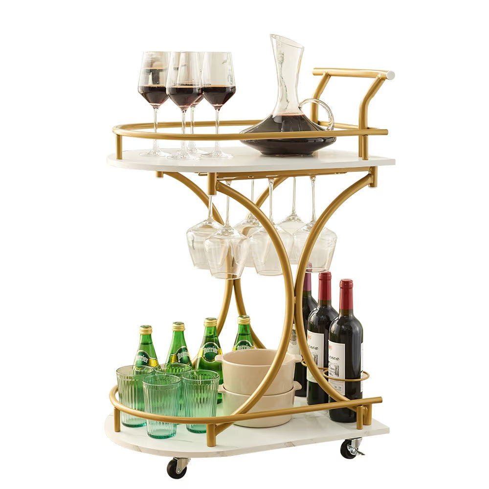Modern bar trolley for home with gold frame, white shelves, wine glasses, bottles, and green tumblers