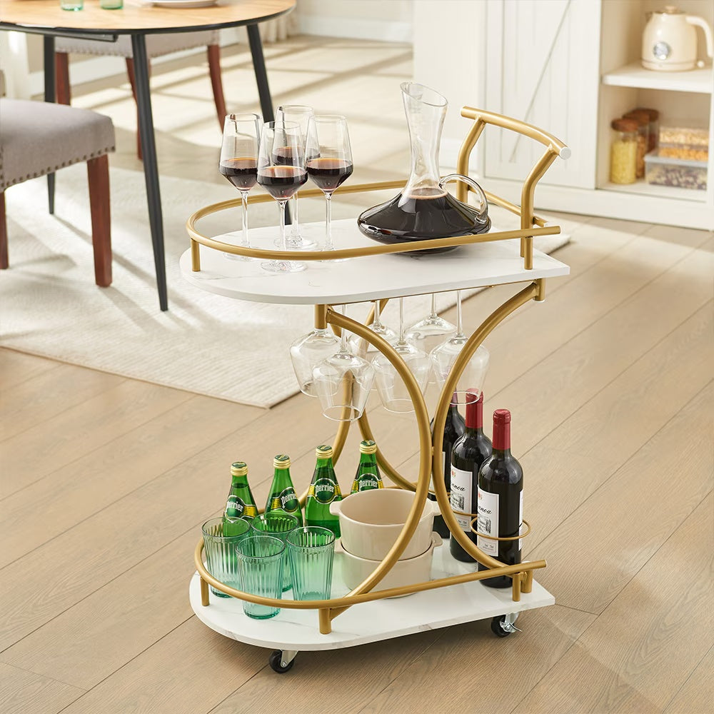 Elegant storey bar car with gold frame and white shelves featuring wine bottles and glasses modern bar trolley for home