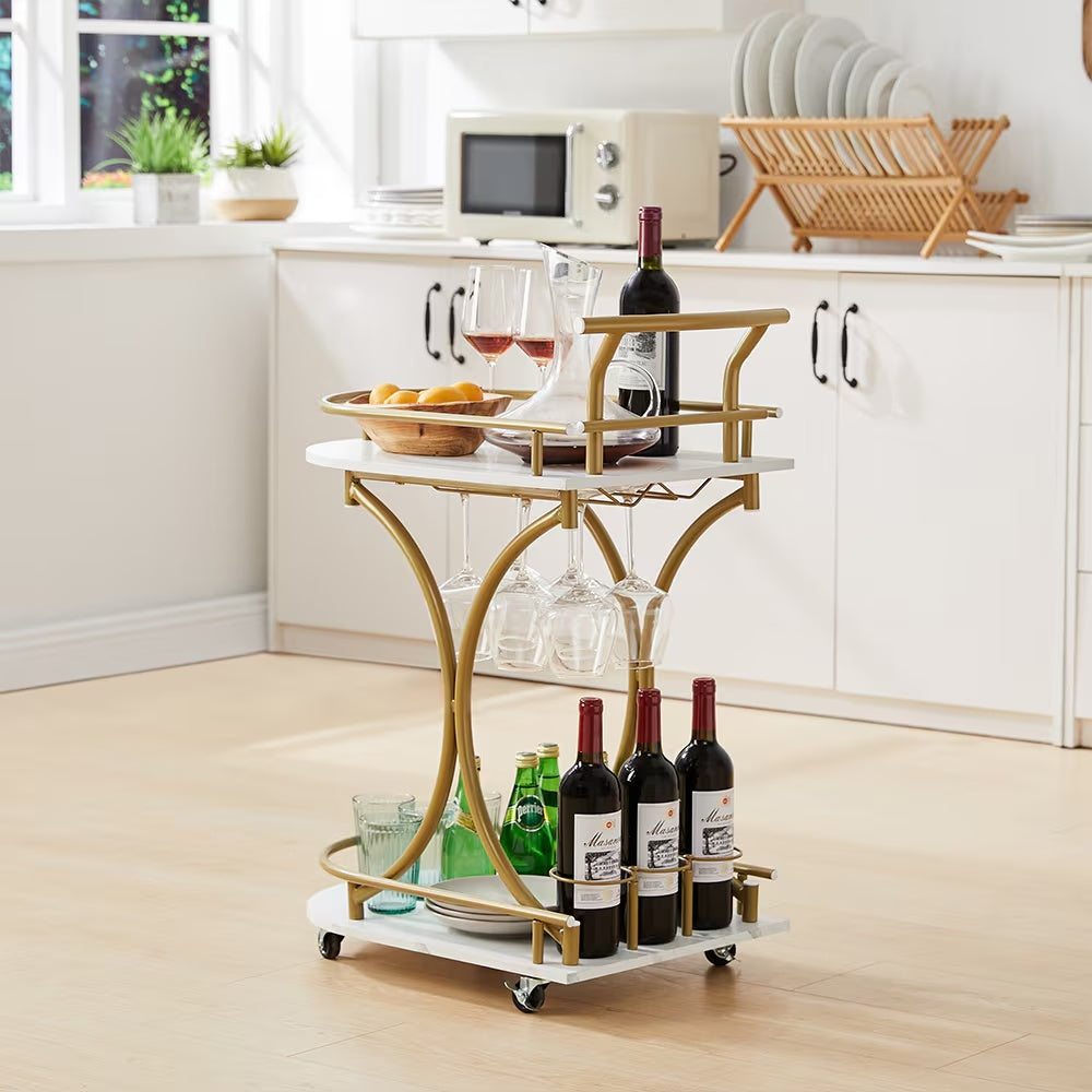 Modern bar trolley for home with white shelves and gold frame holding wine bottles and glasses