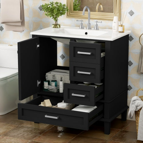 Modern bathroom cabinet solid wood in black with multiple drawers and open storage under sink