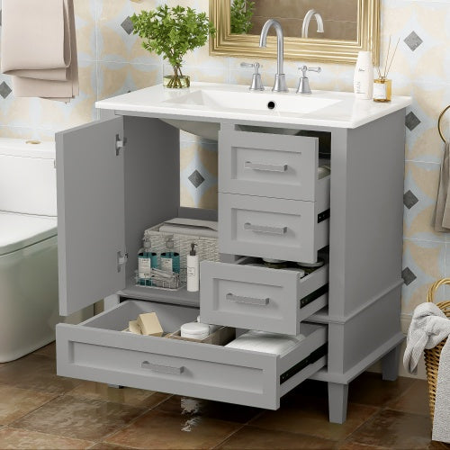 Shopi Vella modern bathroom cabinet solid wood with gray finish open drawers and sink countertop