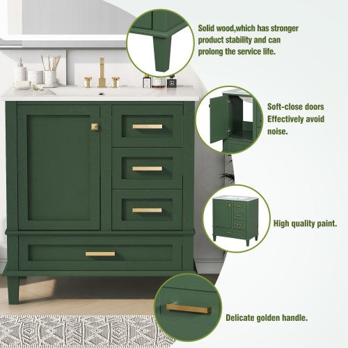 Shopi Vella modern bathroom cabinet solid wood with soft-close doors and golden handles in green
