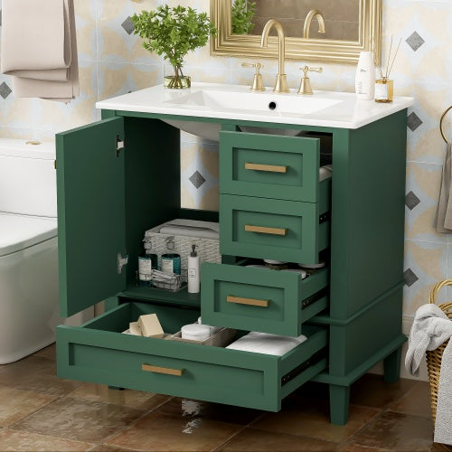 Shopi Vella modern bathroom cabinet solid wood in green with multiple drawers and storage space
