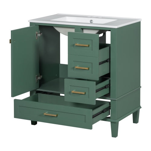 Modern bathroom cabinet solid wood in green with multiple drawers and open storage space