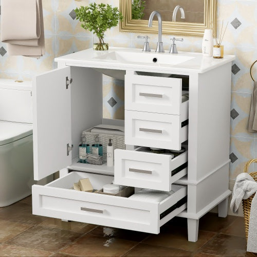 Shopi Vella modern bathroom cabinet solid wood with white finish, open drawers, and storage space