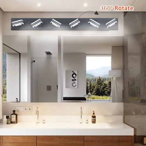 Modern black bathroom vanity light with five adjustable LED fixtures above a large bathroom mirror
