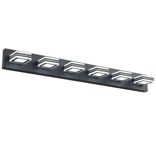 Modern black bathroom vanity light with six geometric LED fixtures for sleek bathroom decor