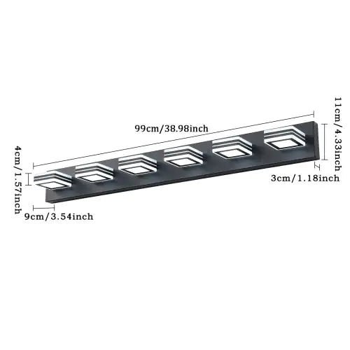 Modern black bathroom vanity light with six square LED lights and sleek rectangular base