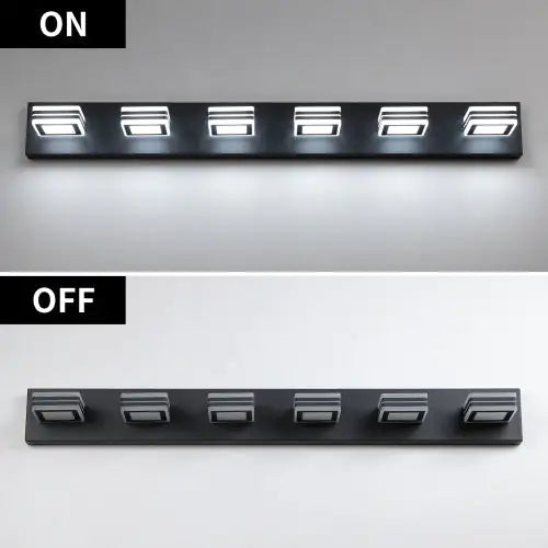 Modern black bathroom vanity light with six illuminated square LED fixtures shown on and off