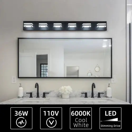 Modern black bathroom vanity light with six LED bulbs mounted above a large mirror in a double sink bathroom