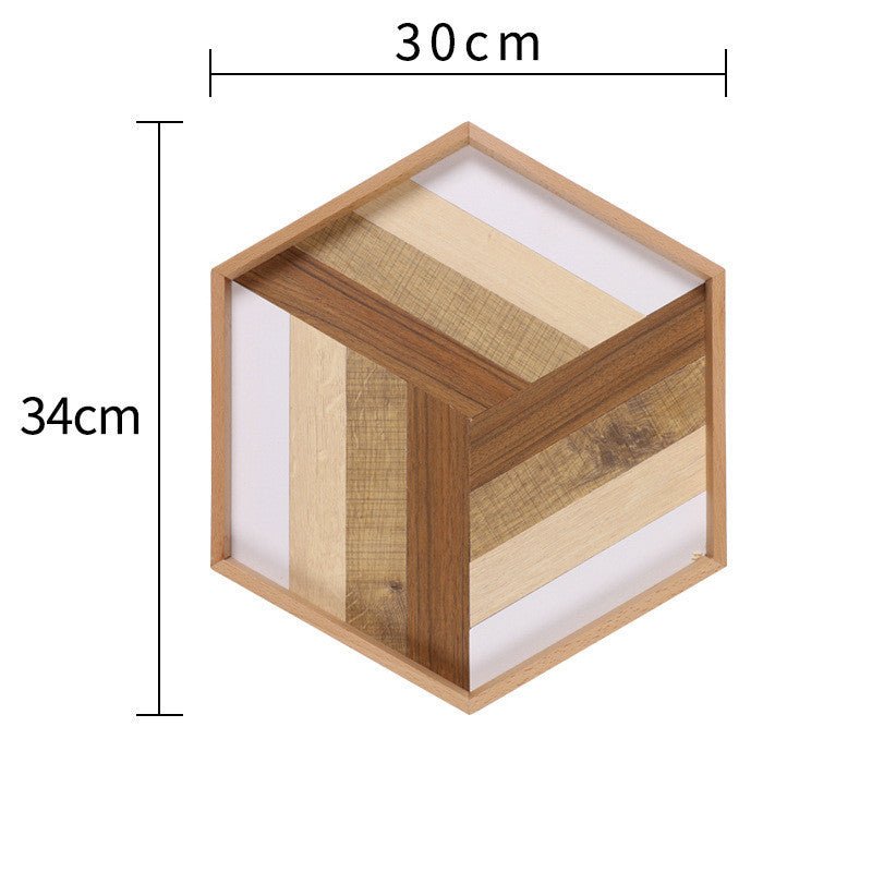 Hexagonal wooden modern dessert serving tray with multiple wood tones and 30 by 34 centimeter size