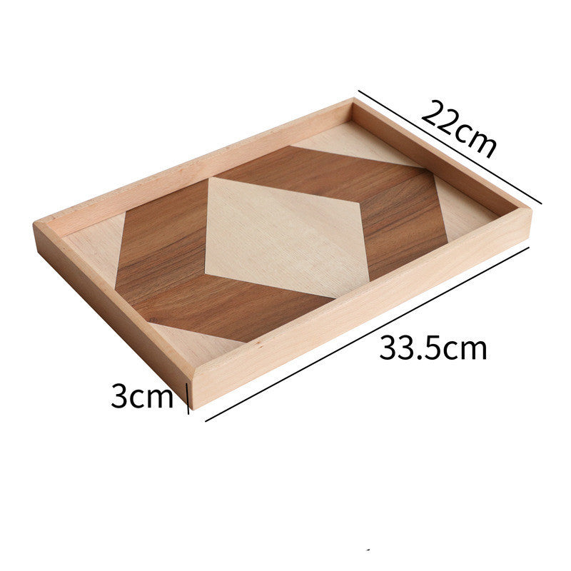 Modern dessert serving tray with geometric wood pattern and raised edges by My Store