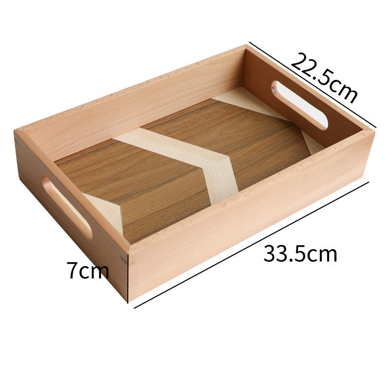Wooden modern dessert serving tray with geometric pattern and side handles for easy carrying