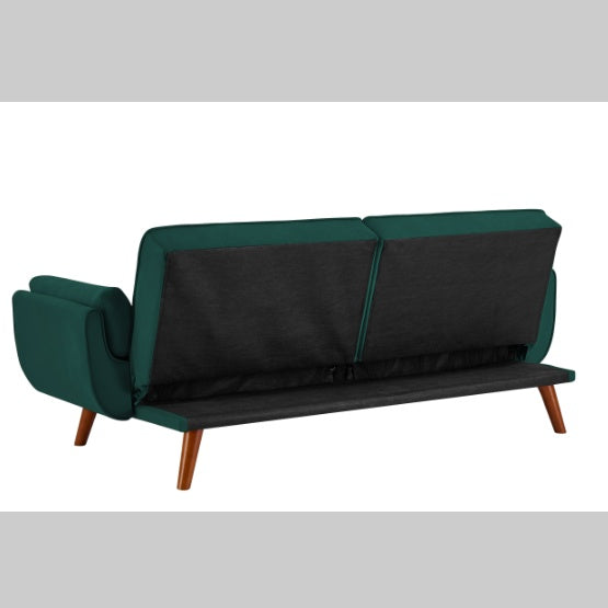 Shopi Vella modern fabric sofa for living room in dark green with wooden legs and sleek design