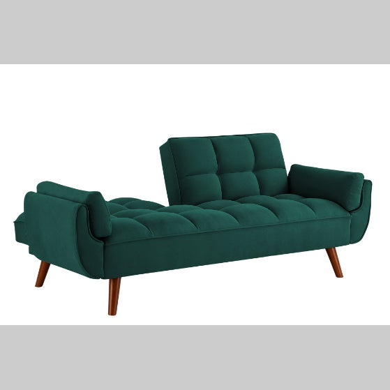Shopi Vella modern fabric sofa for living room in dark green with wooden legs and tufted cushions