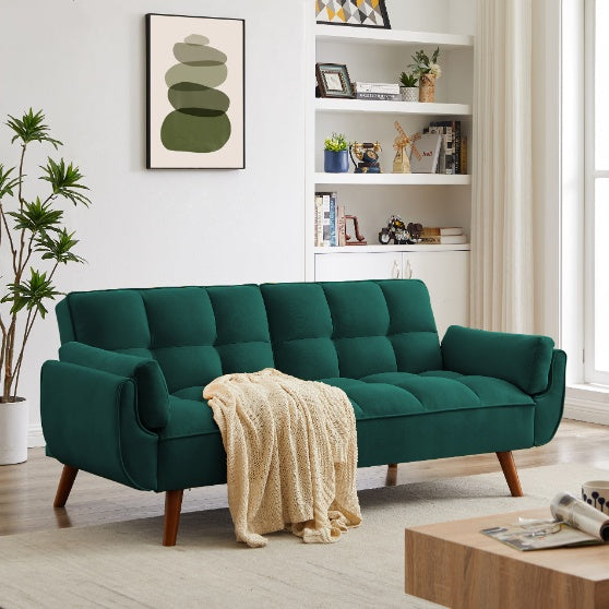 Shopi Vella modern fabric sofa for living room in deep green with wooden legs and beige throw blanket