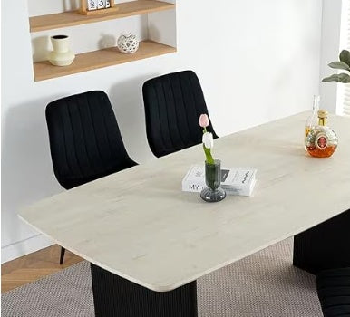 Shopi Vella modern kitchen chair set with black upholstered seats and sleek design around light wood table