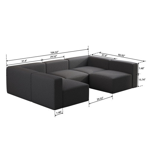 Shopi Vella modular sectional sleeper sofa in dark fabric with detailed dimension measurements