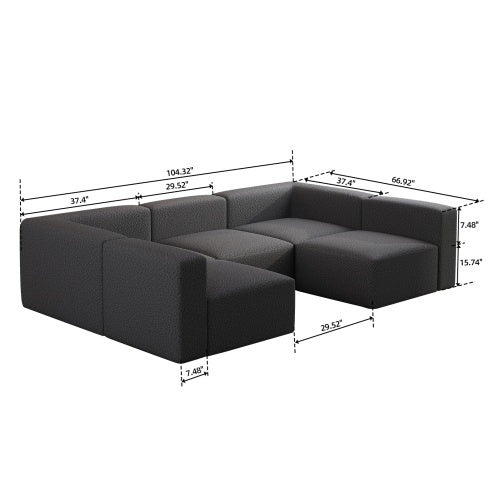 Shopi Vella modular sectional sleeper sofa in dark gray with detailed dimensions for versatile living spaces