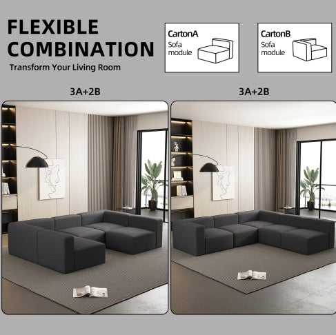 Shopi Vella modular sectional sleeper sofa in dark gray showing two flexible combination layouts in a modern living room