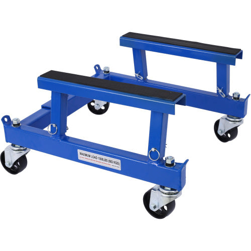 Blue motorcycle engine stand with wheels featuring sturdy steel frame for heavy engine support