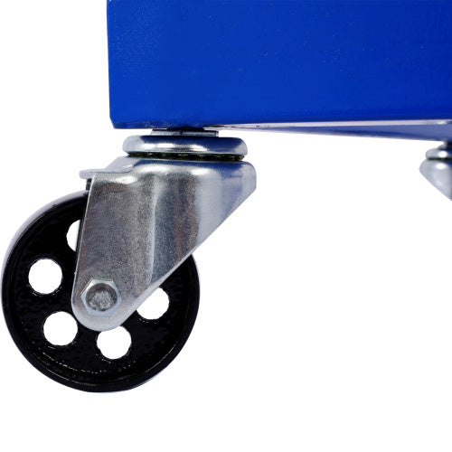 Close-up of black wheel on a blue motorcycle engine stand with wheels showing metal bracket